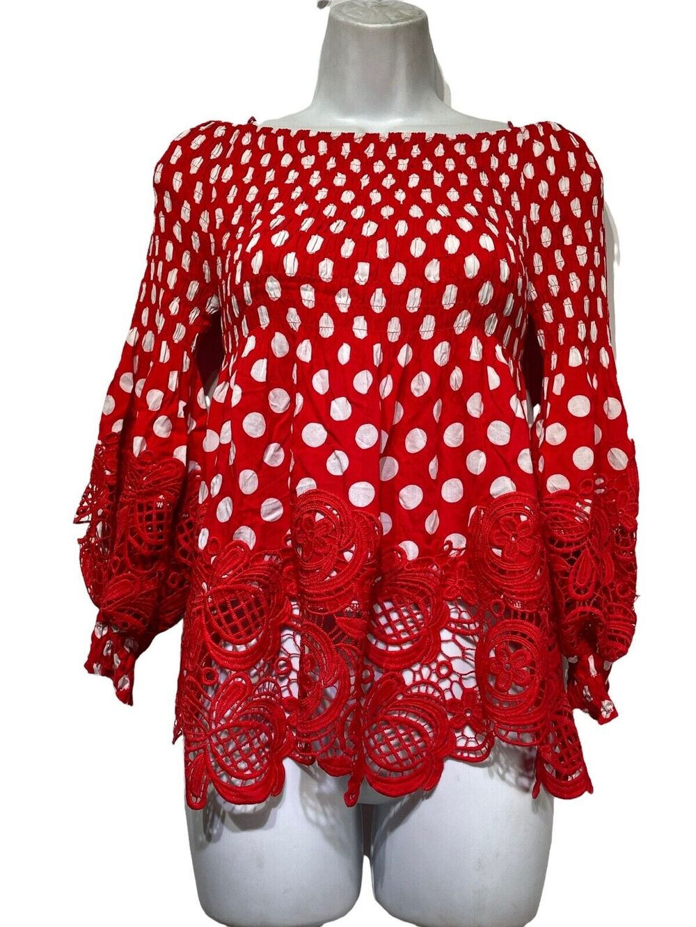 petal roz red white polka dot crochet ruffle smocked rockabilly blouse Size S